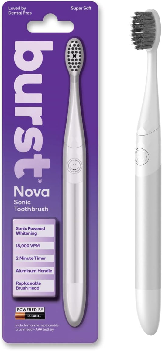 Burst Nova Toothbrush (White) | Sonic Powered Teeth Whitening | Super-Soft Bristles | 18000 VPM | 2 Minute Timer | Aluminum Handle | Replaceable Brush Head | Compact Size | with AAA Battery