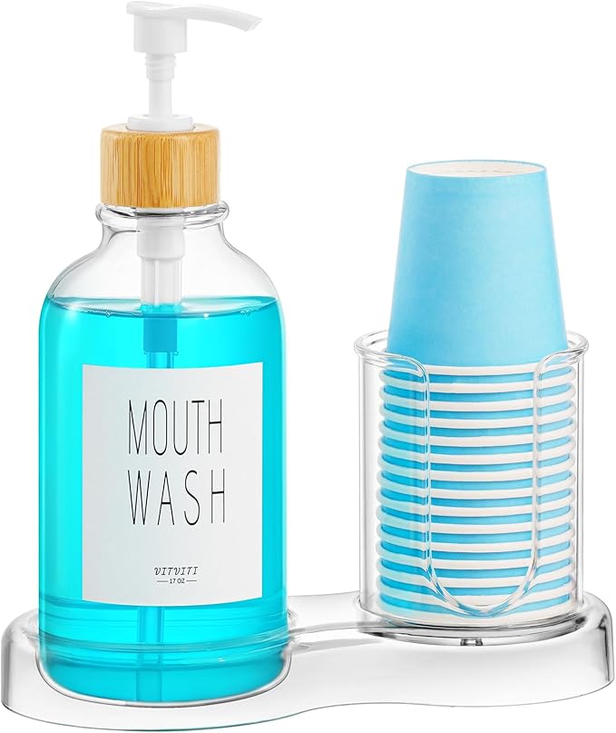 VITVITI Mouthwash Dispenser for Bathroom, Mouth Wash Dispenser Container with Paper Cup Holder, 17OZ Plastic Refillable Pump Mouthwash Bottle Decanter with Tray (Clear)