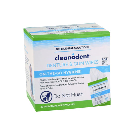 Dr. B Dental Solutions Cleanadent Wipes - Convenient Denture Cleaning Wipes, Refreshes Gums, No Artificial Colors/Flavors - 60 Count