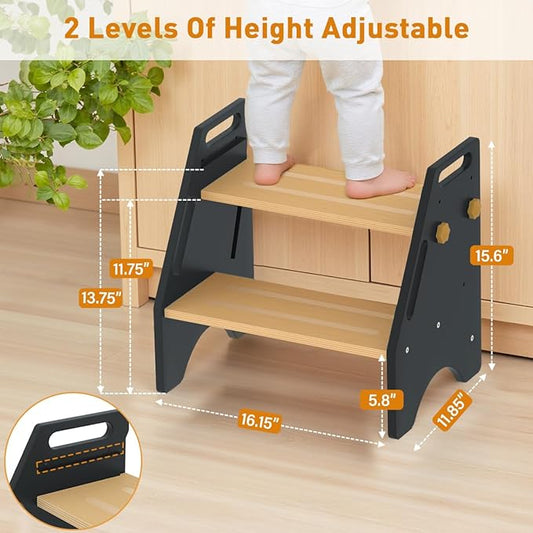 Toddler Step Stool, Wooden Height-Adjustable 2 Step Stool for Kids, 2 in 1 Potty Training Stool with Safety Handles Non-Slip Pads for Bathroom Sink, Kitchen, Bedroom (Grey)