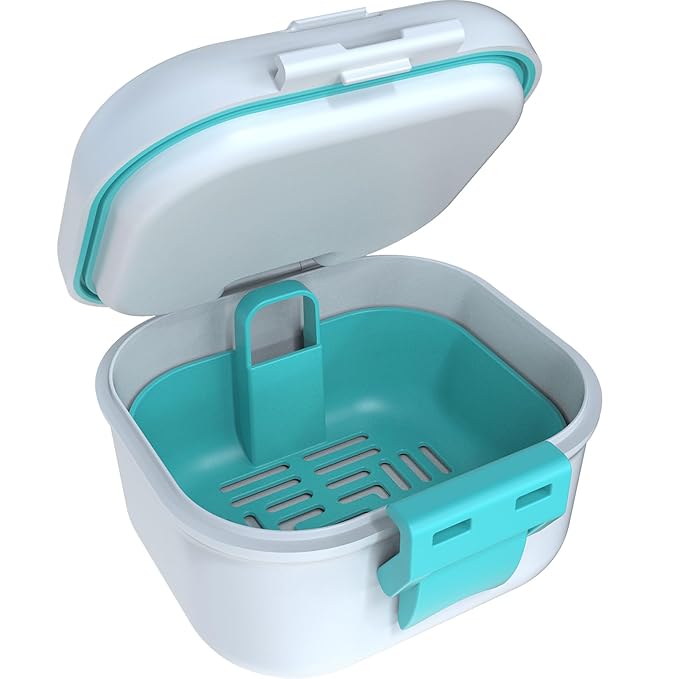 ARGOMAX Leak Proof Denture Bath Cup, Portable Soaking Denture Box, Denture Bath Case with Strainer, for Dentures and Braces, Upgraded Version with Storage Compartment (White + Cyan).