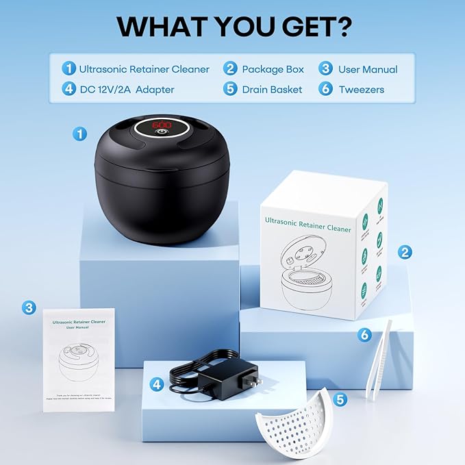 Ultrasonic Retainer Cleaner Machine, 45kHz Ultrasonic Dentures Cleaner for Night Guards, Braces, Aligner, Toothbrush, Jewelry and More, 200ML Capacity, Black