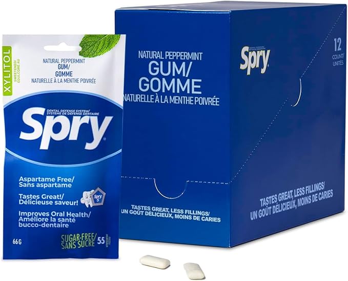 Spry On The Go Fresh Natural Xylitol Chewing Gum Dental Defense System - Aspartame-Free, Sugar-Free, Non-GMO (Peppermint, 55 Count - Pack of 12)