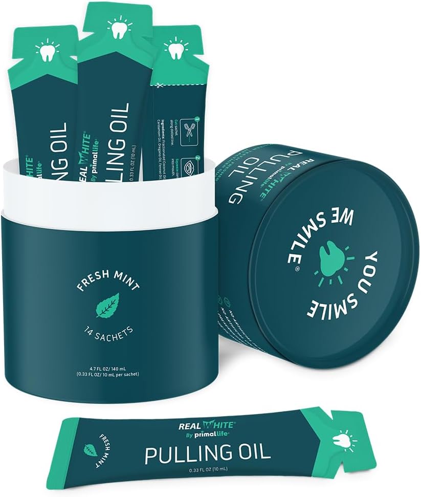 Primal Life Organics – Real White Pulling Oil, Teeth Whitening Mouthwash with Essential Oils, Coconut, Tea Tree, Key Vitamins, Chemical Free, Fluoride Free, 14 Sachets (Fresh Mint, 0.33 oz.)