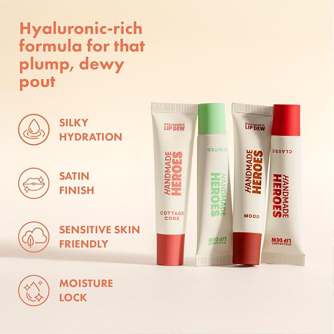 Handmade Heroes 100% Natural Vegan Tinted Lip Gloss with Hyaluronic Acid - Lightweight Moisturizing Soft Lipstick for Dry Lips Christmas Gifts - 4pc set Stocking Stuffers