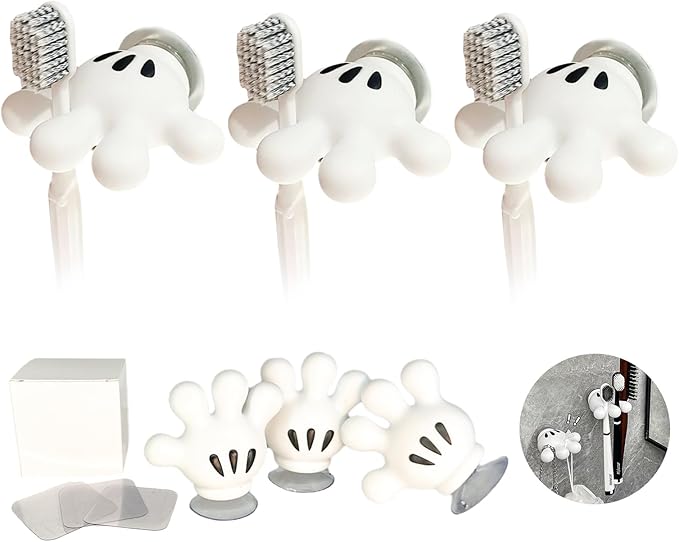 Cute Hanging Toothbrush Holder, Cute Hand Wall Hanging Utility Suction Hooks with StickyPads, Funny Multi-Function Bathroom Decor, Shower Holder (3)