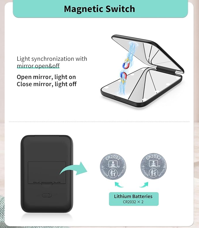 WOBSION Small Mirror with Lights,LED Compact Makeup Mirror,1x/3x Mini Travel Mirror with Magnification,Portable for Purse,Pocket,Gifts for Girls,Black