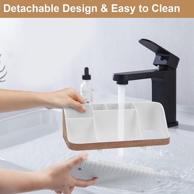 Bathroom Countertop Organizer - Detachable 7 Slots Kids Electric Toothbrush and Toothpaste Holde Drainage for Bathroom Accessories Organization Counter Vanity Storage, Woodgrain