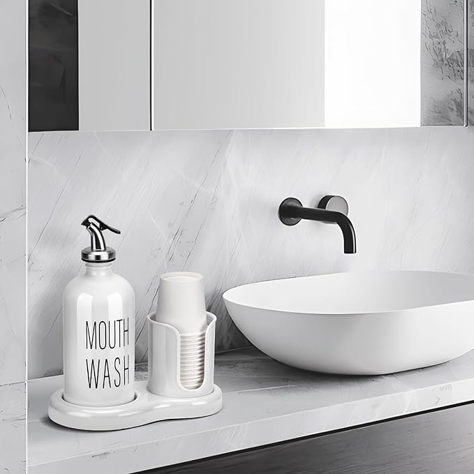 Mouthwash Dispenser for Bathroom,BYAWAY Mouthwash Dispenser with Cup Holder,14 Mouthwash Cups and Funnel,Refillable Glass Mouthwash Container (White)
