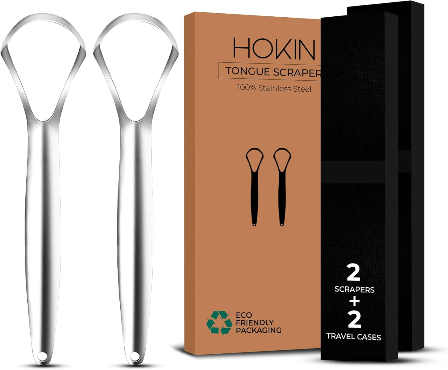 HOKIN Tongue Scraper for Adults with Travel Cases (2Pcs Oral Care Pack) - 100% Metal Spoon Shaped Tongue Cleaners, Tough Scrapers for Oral Hygiene