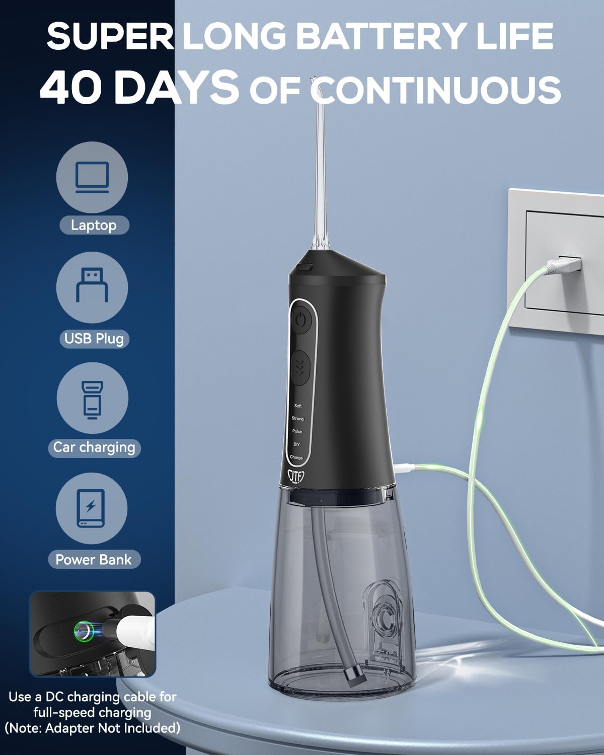 JTF Water Dental Flosser Picks for Teeth - 4 Modes Cordless Oral Irrigator, 300ML Portable Water Flosser & Rechargeable IPX7 Waterproof Water Teeth Cleaner for Home Travel with 9 Jet Tips (Black)