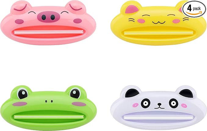 Pasow Cartoon Animal Plastic Frog Cat Panda Pig Shaped Toothpaste Cream Squeezers - Pack of 4 Mix Designs