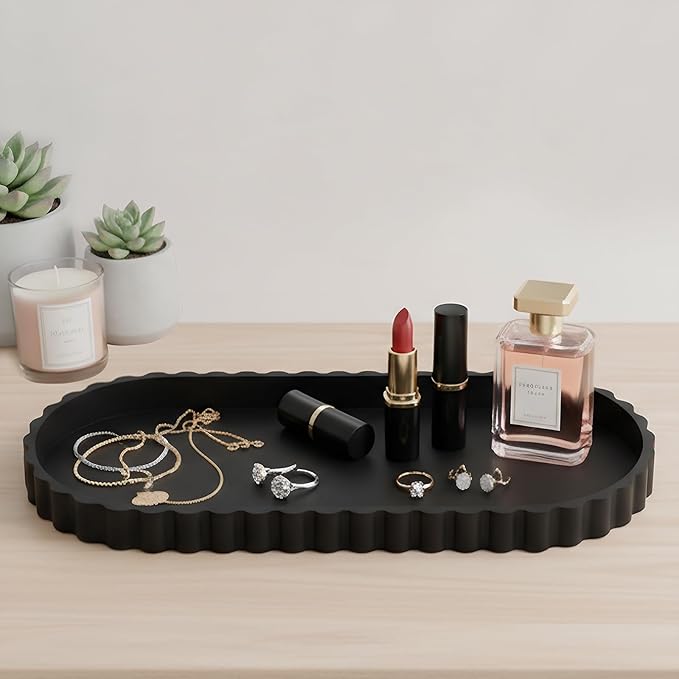 Silicone Bathroom Tray-12 Inch Oval Vanity Tray Countertop Organizer,Decorative Soap & Cosmetic Holder Modern Bathroom Decor,Decorative Tray for Candle, Perfume, Plants (Black, 2PCS)