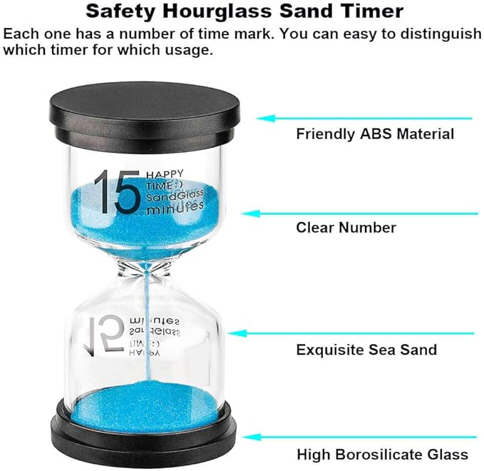 15 Minute Sand Hourglass Timer: Plastic Sand Clock 15 Min, Hour Glass Colorful Sandglass Timer for Kids, Games, Classroom, Kitchen, Decoration