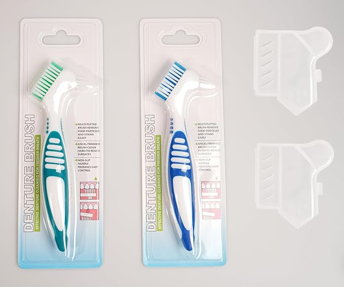 Denture Cleaning Brush Set with Dustproof Denture Brush Holder - Denture Brush Toothbrush Set for Denture Cleaning Care - Multi-Layered Bristles & Ergonomic Rubber Handle (Blue & Green)