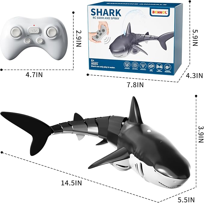 Bennol 2.4Ghz Remote Control Shark Toys for Boys Kids, 1:18 Scale High Simulation Shark for Pool, Electric RC Sharks Fish Toys with Light & Spray Water Function for 4 5 6 7 8 9 Year olds Kid Boys
