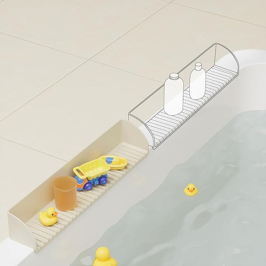 Roslim 2Pack Silicone Tub Water Splash Guard with 4 Suction Cups, Bath Toy Holder, Tub Play Shelf for Kids, Bathtub Side Splash Guard Tray, Toddler Bathroom Essentials, Beige