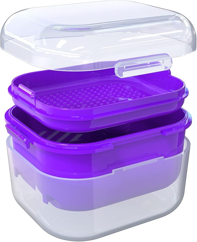 ARGOMAX Denture Case, Denture Cup for Soaking Dentures(Not Leak-Proof), Thorough Cleaning of Dentures, Retainer, Mouthguards, Clear Braces (Dark Purple).