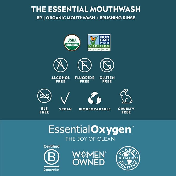 Essential Oxygen Certified BR Organic Brushing Rinse, All Natural Mouthwash for Whiter Teeth, Fresher Breath, and Happier Gums, Alcohol-Free Oral Care, Wintergreen, 32 Ounce