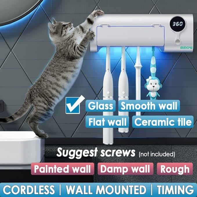 MIMORE Toothbrush Holder, 4 Toothbrush Slots & Timer Function, Cordless Wall Mounted Toothbrush Holders for Bathrooms