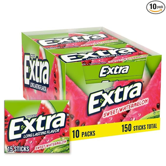 EXTRA Gum Sweet Watermelon Sugarfree, Bulk, Individually Wrapped, Long-Lasting Juicy Watermelon Flavor, Perfect for Fresh Breath at School, Work, and Travel 15 Count, Pack of 10