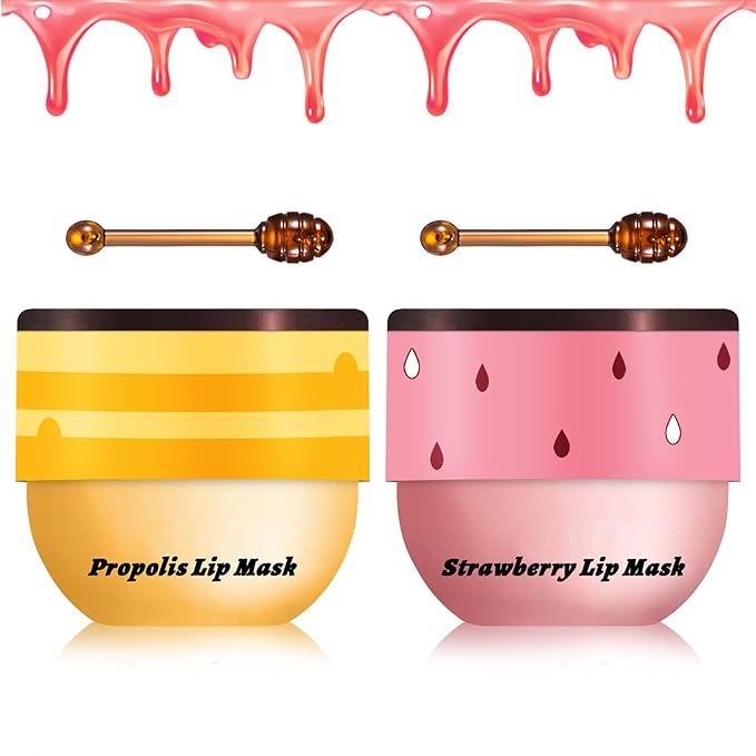 2PCS Bee Lip Balm Honey Pot Sleeping Mask - Silky Hydrating Overnight Lip Care Products - Strawberry & Honey