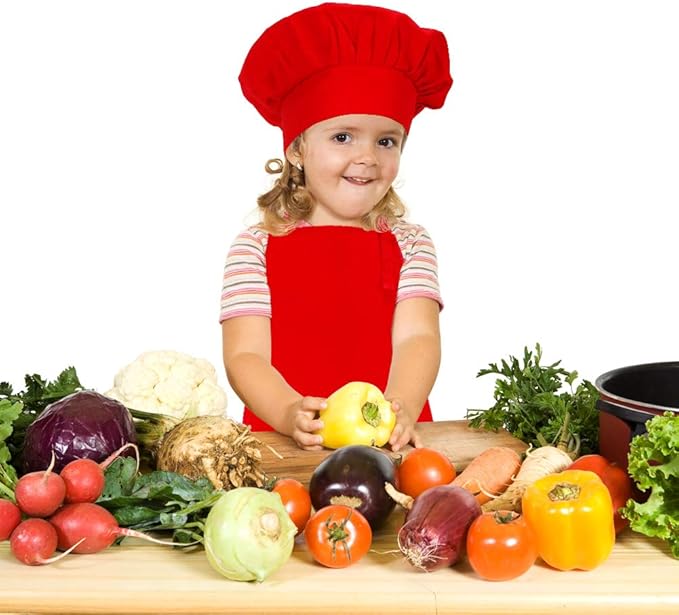 Kids Apron and Chef Hat Set, Adjustable Cotton Child Aprons with Large Pocket Red Girls Boys Kitchen Bib Aprons for Cooking Baking Painting