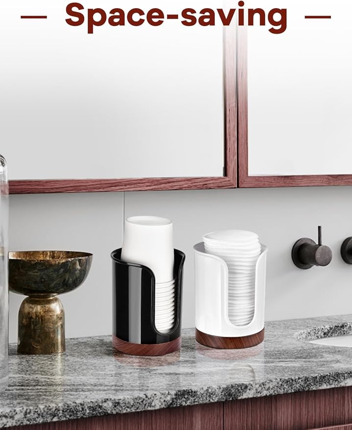 Premium Bathroom Cup Dispenser - Compact Cup Holder for Dixie Cups 3 oz Cups, 3 4 Ounce Mouthwash Cup Dispenser - PC/Walnut,Black, Pack of 2