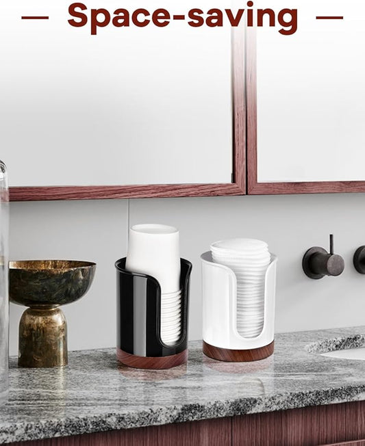 Premium Bathroom Cup Dispenser - Compact Cup Holder for Dixie Cups 3 oz Cups, 3 4 Ounce Mouthwash Cup Dispenser - PC/Walnut,Black, Pack of 2