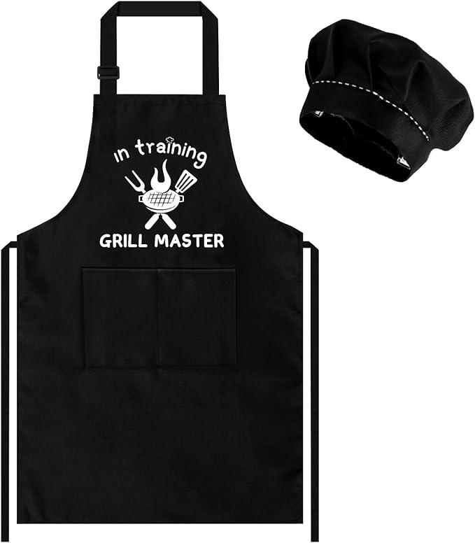 Kids Apron and Chef Hat Set, “GRILL MASTER in training” Funny Apron Adjustable Kitchen Apron Cooking Baking Painting with 2 Pockets for Boys and Girls