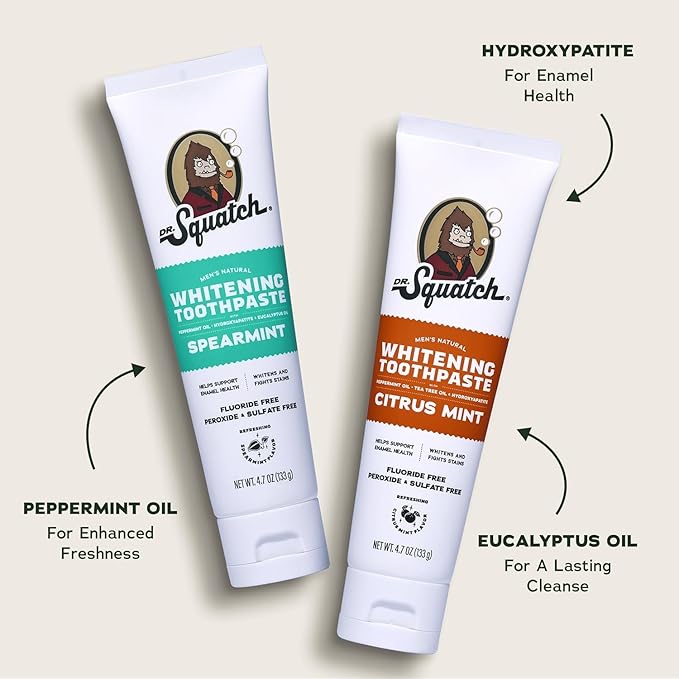 Dr. Squatch Natural Teeth Whitening Toothpaste Kit - Day and Night Flouride Free Natural Toothpaste - Citrus Mint, Spearmint (4.7 oz, 2-Pack)