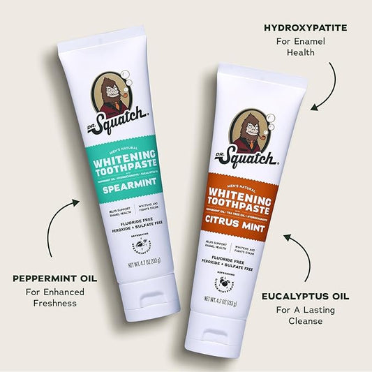Dr. Squatch Natural Teeth Whitening Toothpaste Kit - Day and Night Flouride Free Natural Toothpaste - Citrus Mint, Spearmint (4.7 oz, 2-Pack)