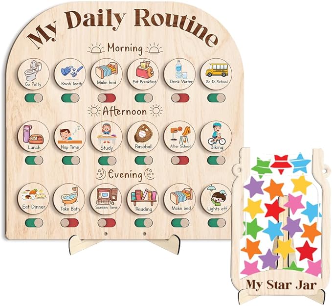 Wooden Daily Routine Chart with Reward Jar, Toddler Reward System, Morning Bedtime Routine Chart, Toddler Charts for Behavior and Routines, Wooden Chore Chart for Kids