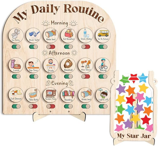 Wooden Daily Routine Chart with Reward Jar, Toddler Reward System, Morning Bedtime Routine Chart, Toddler Charts for Behavior and Routines, Wooden Chore Chart for Kids