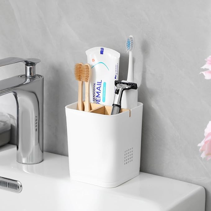 Electric Toothbrush Holder 3 Slots Tooth Brushing Holder with Bamboo Dividers for Bathrooms, Plastic Toothbrush and Toothpaste Organizer for Shower, Countertop, Vanity, White