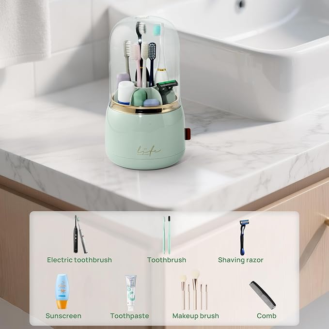 Toothbrush Holders for Bathrooms, Rotating 7 Slots Toothbrush Holder with Cover, Kids Electric Toothbrush and Toothpaste Holders for Caddy for Bathroom Vanity, Sink, Countertop, Light Green
