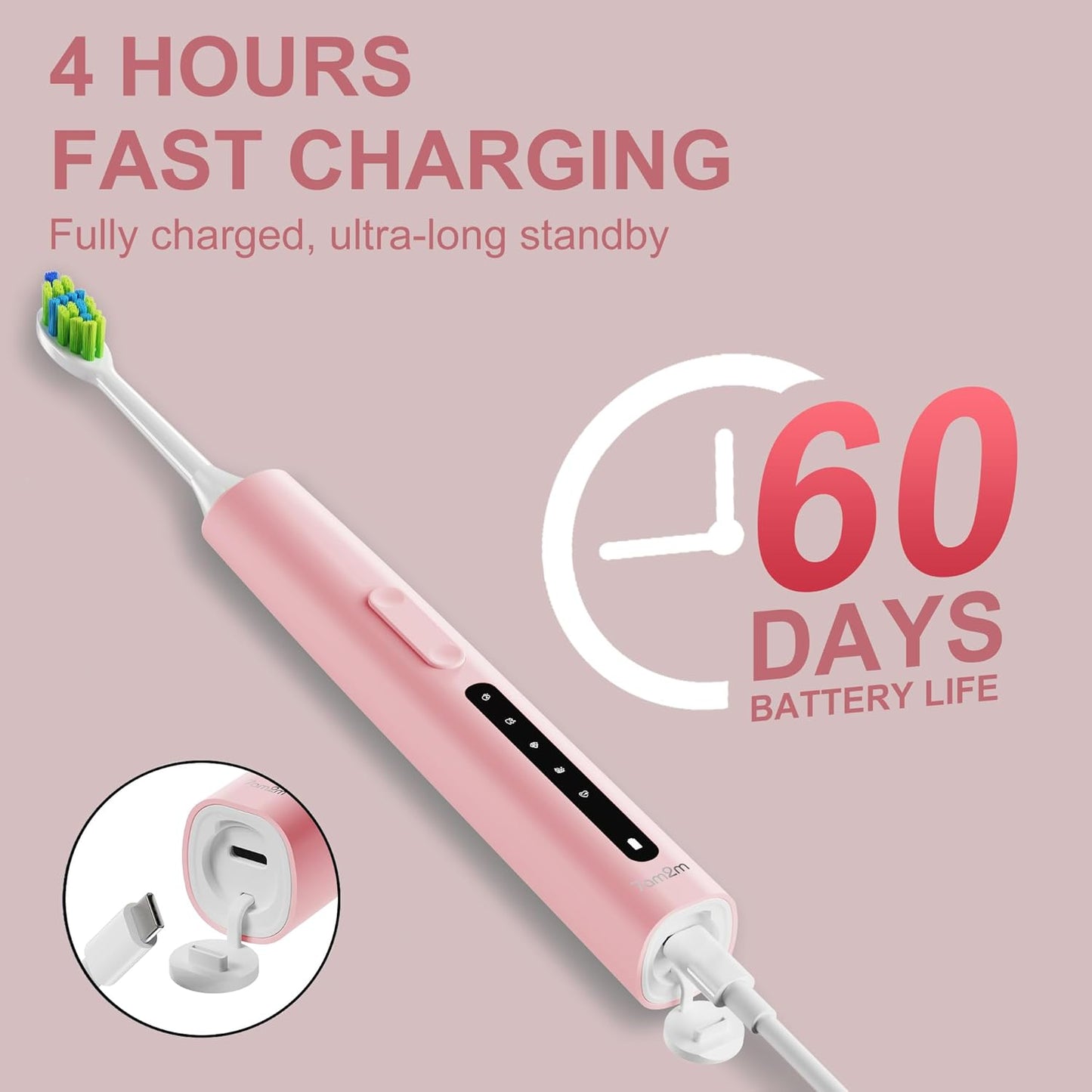 7AM2M Sonic Electric Toothbrush, High Power Rechargeable Toothbrushes, 5 Modes with 2 Minutes Built in Smart Timer, with 4 Brush Heads for Adults and Kids, One Charge for 60 Days (Pink)