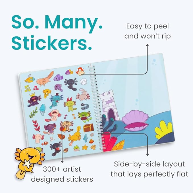 Cupkin Axolotl Sticker Book Activity, Toddler Airplane Travel Essentials, 300+ Axolotl Stickers for Kids + Eight Scenes + 8 Coloring Book Pages, Animal Lover Children's Gift, Kids Crafts for Ages 2-8