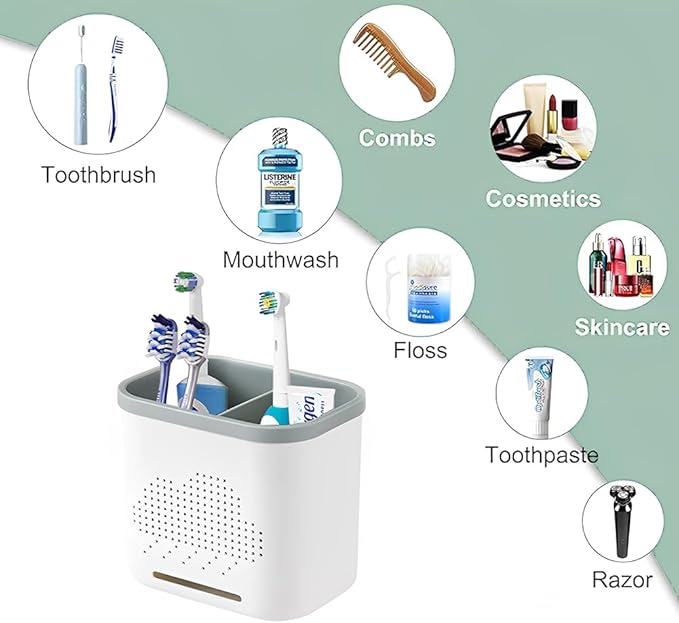 2 Slots Toothbrush Holder and Toothpaste Holder with Drain Hole, Detachable Easy Cleaning Multi-Functional Organizer Caddy Storage for Bathroom Vanity Sink Kitchen (White+Green 2 compartments)