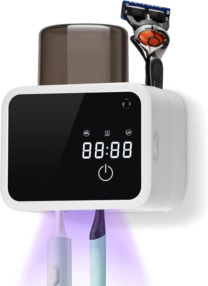 Wall Mounted Toothbrush Cleaning Holder, 2 Slots UV Toothbrush Cleaner with LED Screen, Timer and Cup, Smart Toothbrush Storage with Heating and Fan Drying for Bathroom Organizer & Decor - White