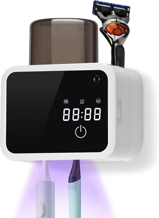 Wall Mounted Toothbrush Cleaning Holder, 2 Slots UV Toothbrush Cleaner with LED Screen, Timer and Cup, Smart Toothbrush Storage with Heating and Fan Drying for Bathroom Organizer & Decor - White