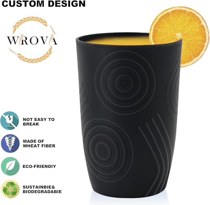 Wrova Wheat Straw Cups 16oz Tumbler Set of 8 with Etched Pattern - Alternative Plastic Cups Dishwasher Safe - Plastic Drinking Cups Unbreakable for Kids - Black to Grey