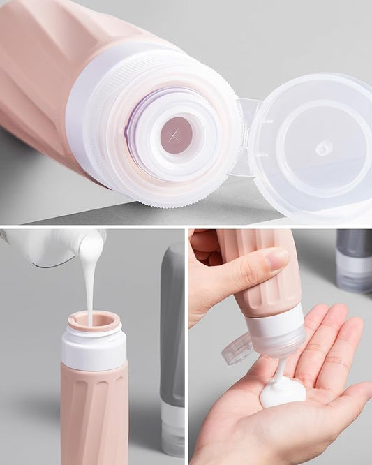 Travel Size Toiletries 8 Pack, TSA Approved 3oz Silicone Squeeze Bottles & Cream Jars with Clear Travel Bag