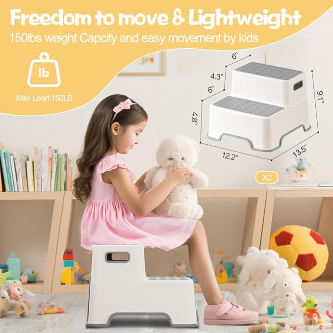 Toddler Step Stool for Bathroom Sink, 2 Pack Step Stool for Kids, Plastic Potty Training Toilet Stepping Stools, Child and Baby Lightweight&No-Slip Two Step Stools(Include 2 Faucet Extenders)
