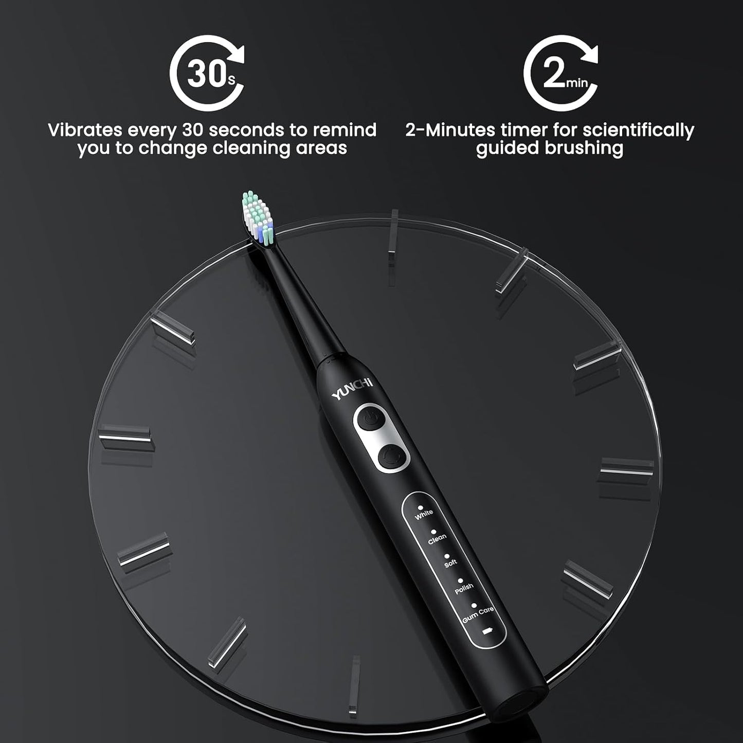 YUNCHI Electric Toothbrush for Adults and Kids, Sonic Rechargeable Toothbrushes with 8 Brush Heads, 1 Travel Case, 90 Days, 2 Min Timer, IPX7 Waterproof, 5 Modes, Type-C, 40000 VPM Motor, Black