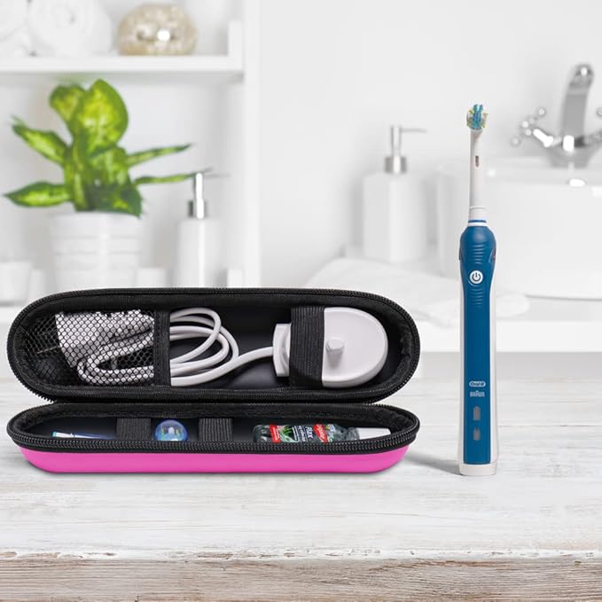 EVA Electric Toothbrush Case - Durable Hard Shell Travel Case with Mesh Pocket - Fits Most Powered Toothbrush Products (Pink)