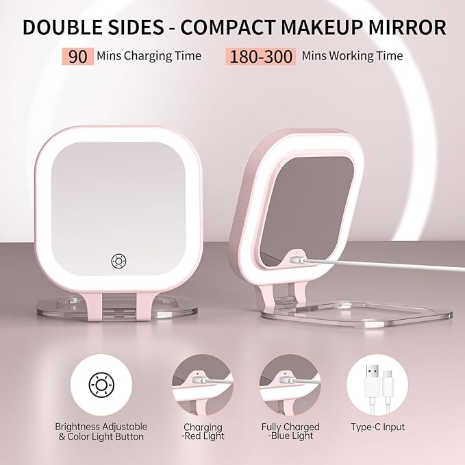 FUNTOUCH Travel Makeup Mirror with Light, 1X/10X Magnifying with 3 Light Settings & Adjustable Brightness,Rechargeable Folding Compact Double Sides Mirror for Home and Travel, Pink