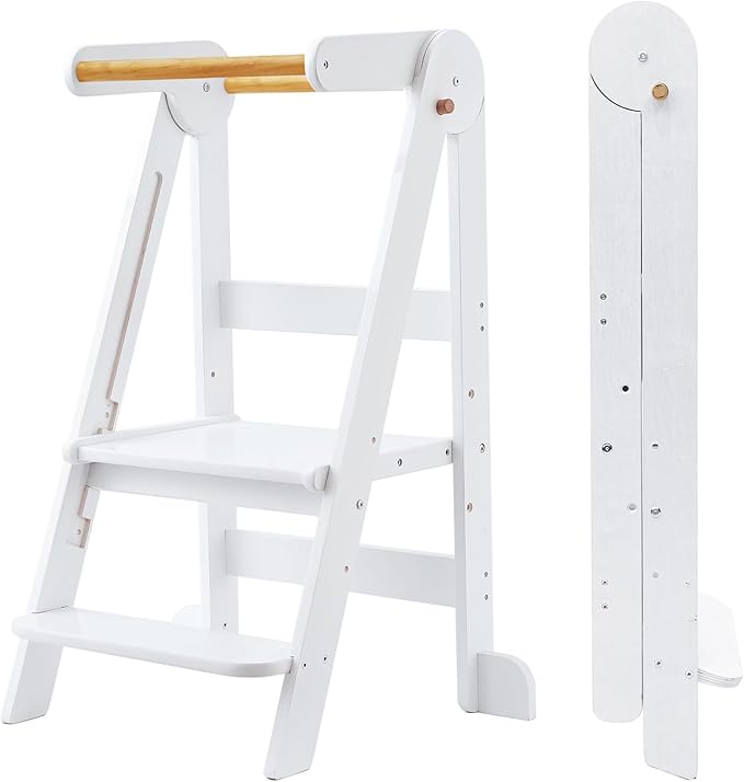 Foldable Toddler Tower 95% Preassembled Kitchen Stool Helper Folding Step Stool for Kids Montessori Toddler Standing Tower with 3 Adjustable Height Helper Tower for Kitchen Counter Sink White