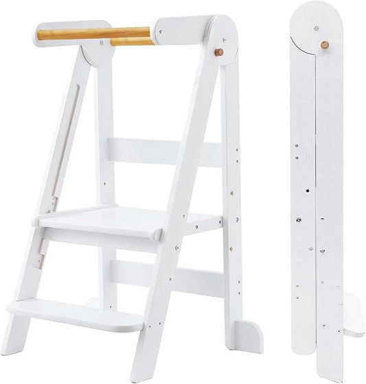 Foldable Toddler Tower 95% Preassembled Kitchen Stool Helper Folding Step Stool for Kids Montessori Toddler Standing Tower with 3 Adjustable Height Helper Tower for Kitchen Counter Sink White