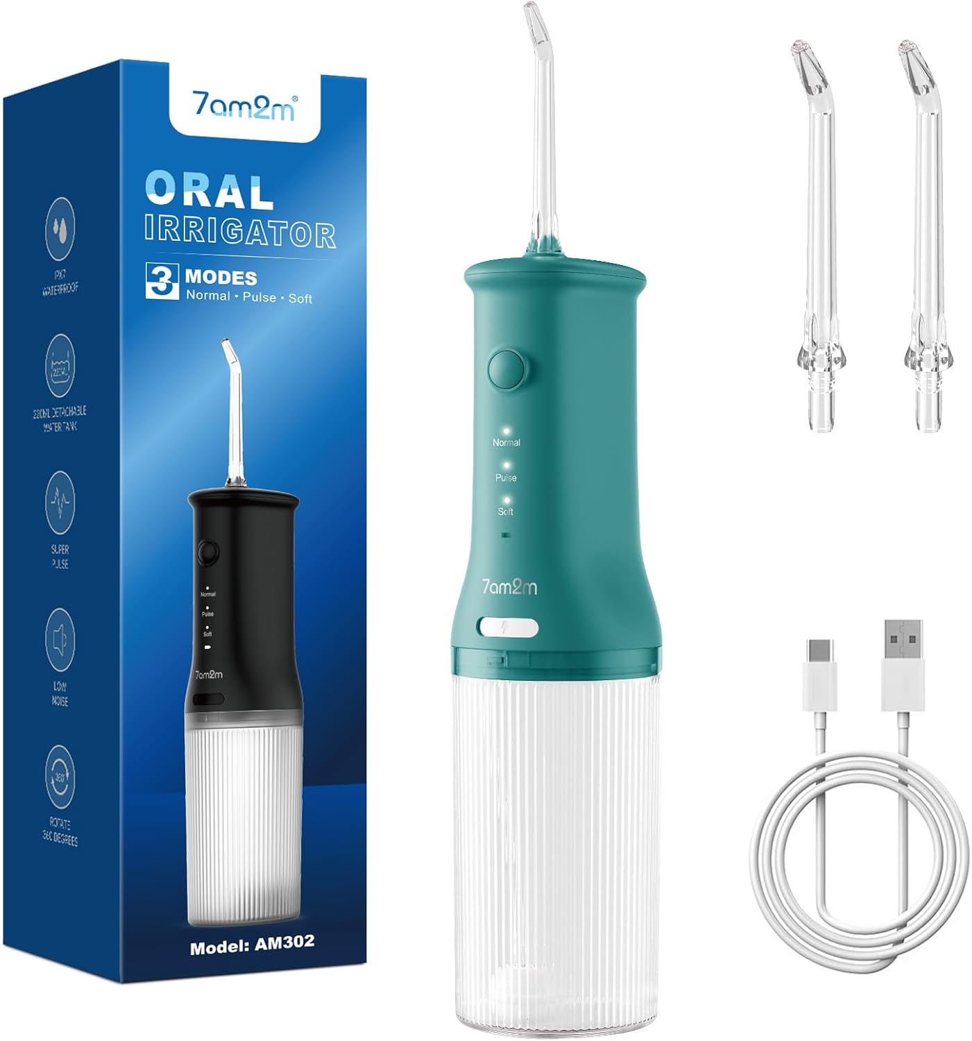 7AM2M Portable Water Flosser Cordless, Water Flosser for Teeth with 3 Modes and 2 Jet Tips, USB C Rechargeable, IPX7 Waterproof, Dental Water Flosser for Travel and Home Use (Peacock Green)